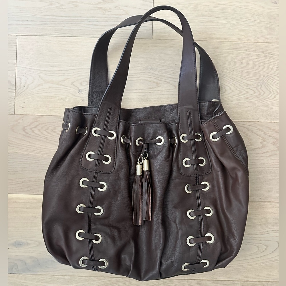 Michael Kors Dark Brown Suede Drawstring Tote with Eyelet Detail